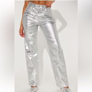 Fashion Nova Silver Metallic Straight Leg Pants